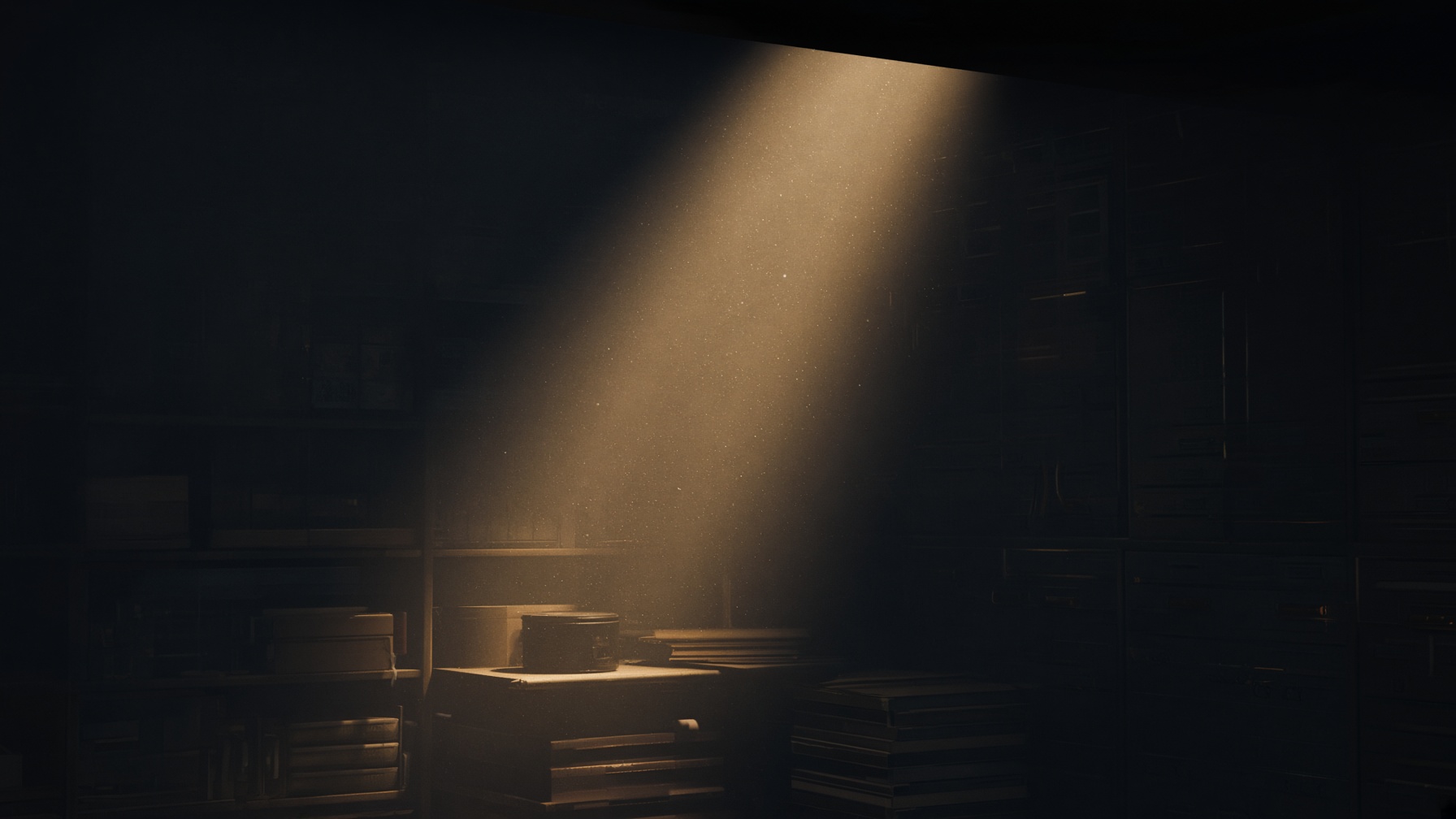 Interpretive shaft of warm light in a dark archive.