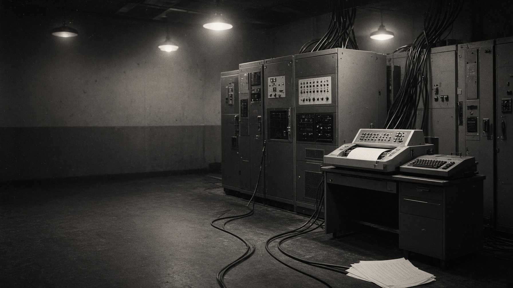 Interpretive photograph of a late-1960s computer room, made for this walk.