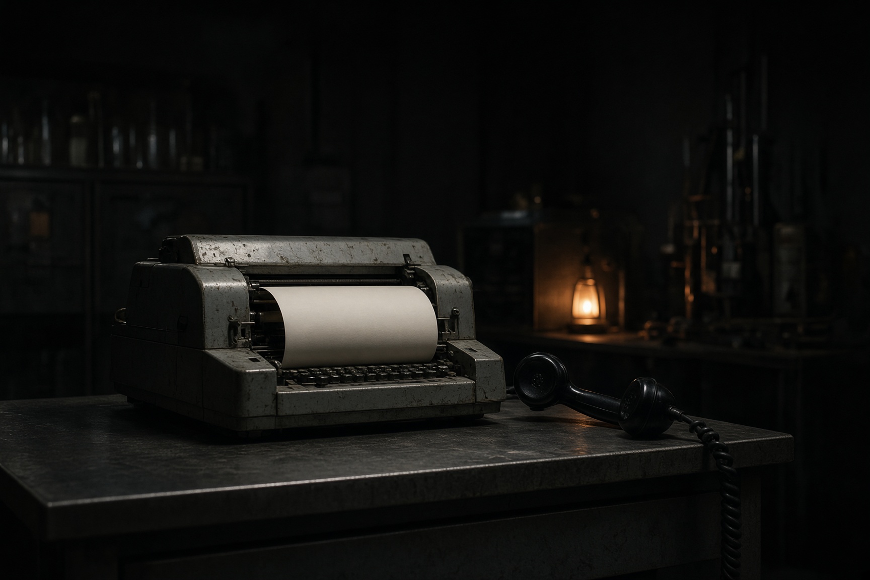 Interpretive still of a teleprinter and a telephone handset on a laboratory desk.