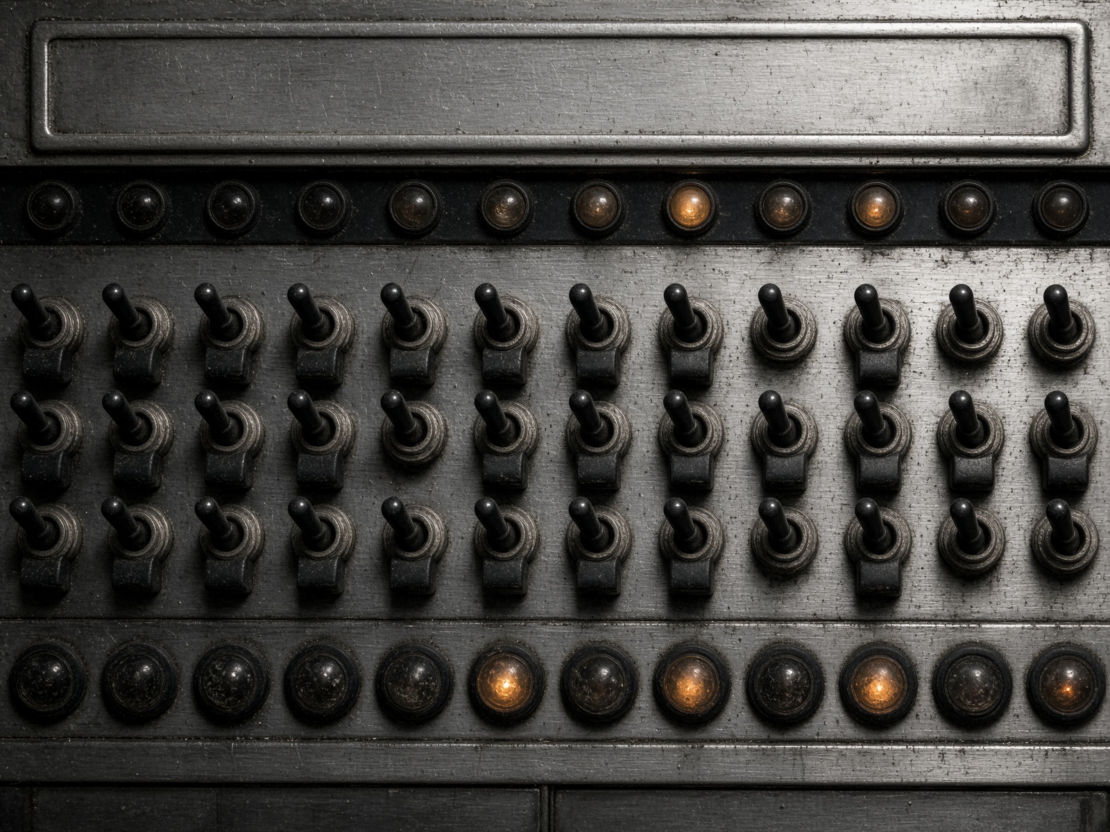Close view of metal toggle switches and a few amber indicator lamps, made for this walk.